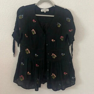 Brass & Roe | 100% Rayon | Floral Peplum Top with Tie Sleeves | Sz M
